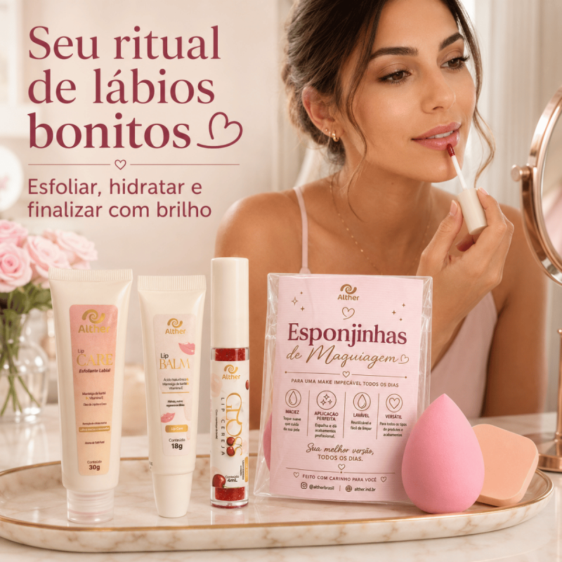 Kit Cuidados para os Lábios com Lip Balm + Esfoliante + Gloss BRINDE Esponja de Maquiagem