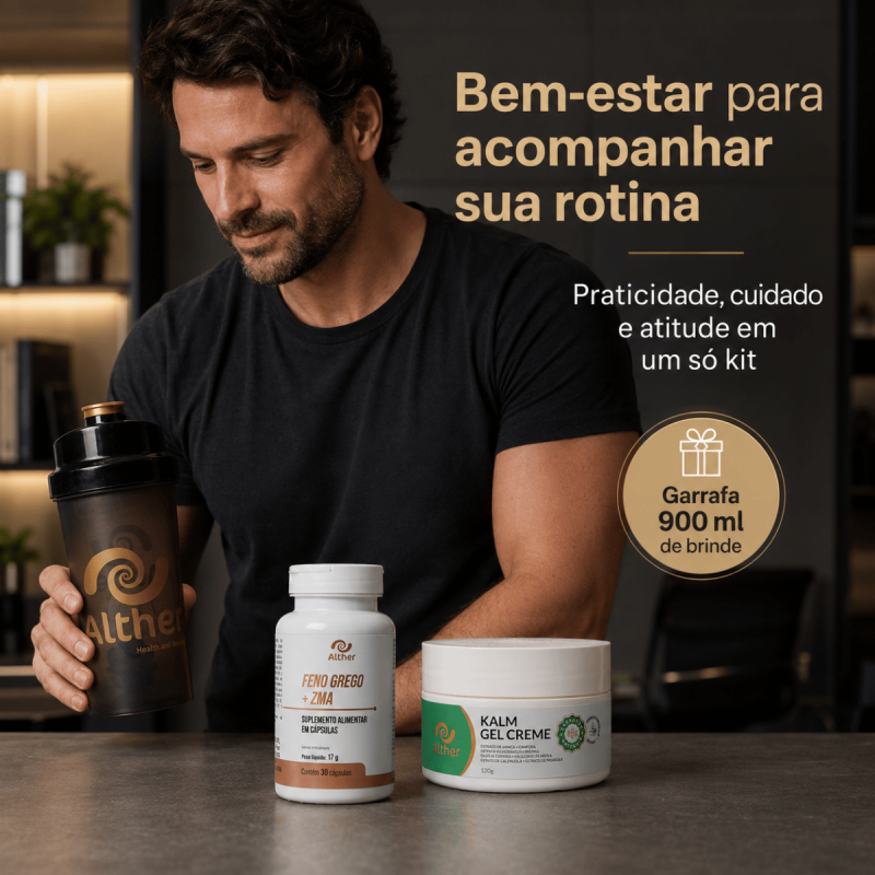 Kit Atitude & Bem-Estar - com Feno Grego + Kalm Gel e Garrafa 600 ml de Brinde ALTHER
