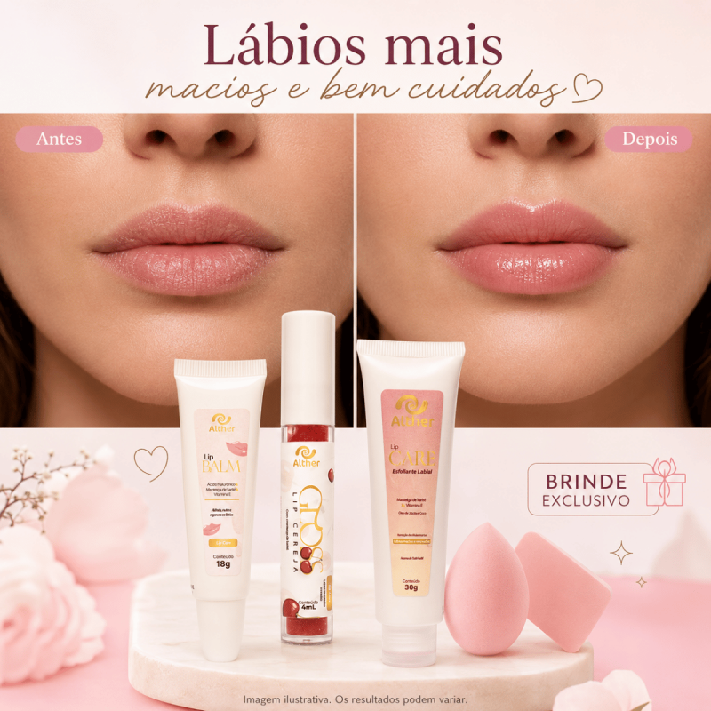 Kit Cuidados para os Lábios com Lip Balm + Esfoliante + Gloss BRINDE Esponja de Maquiagem
