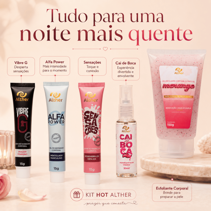 Kit Hot ALTHER, |Tornando Noites a dois mais Quentres - com Esfoliante de Brinde | Vibre G, Alfa Power, Sensações e Cai de Boca
