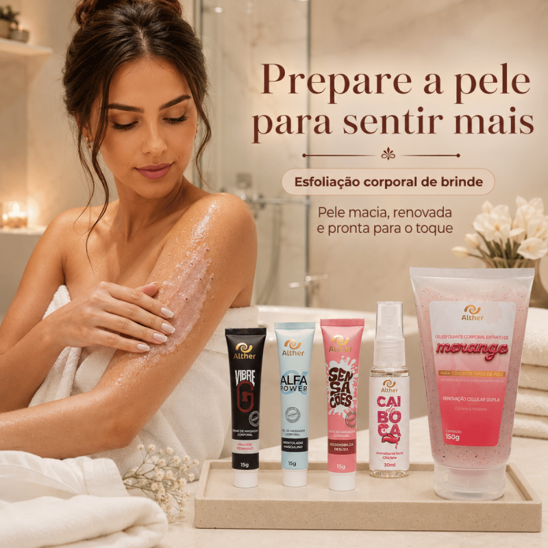Kit Hot ALTHER, |Tornando Noites a dois mais Quentres - com Esfoliante de Brinde | Vibre G, Alfa Power, Sensações e Cai de Boca