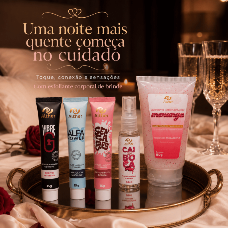 Kit Hot ALTHER, |Tornando Noites a dois mais Quentres - com Esfoliante de Brinde | Vibre G, Alfa Power, Sensações e Cai de Boca