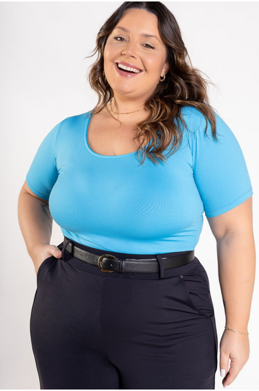Blusa Feminina Plus Size Basic Azul Cerúleo - 24271111 
