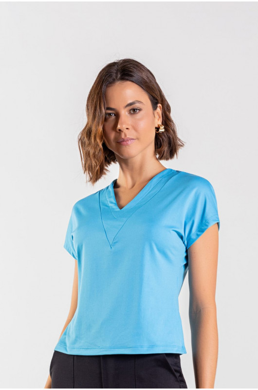 Blusa Feminina Decote V Azul Cerúleo - 24270999 