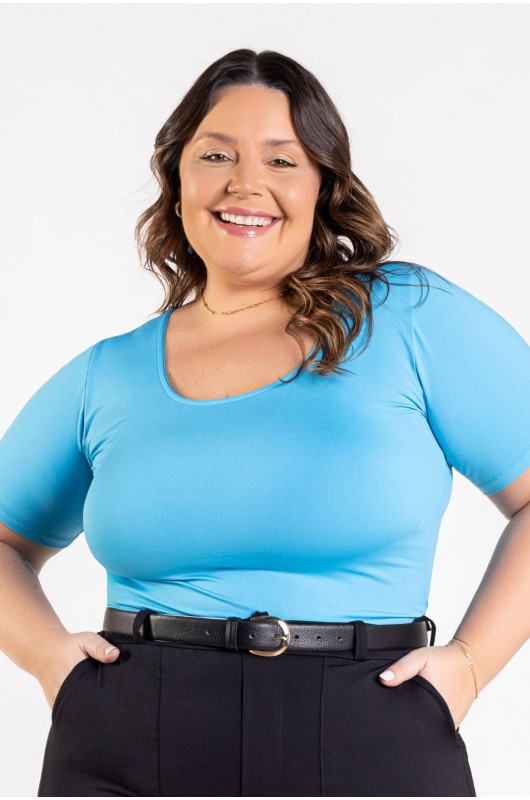 Blusa Feminina Plus Size Basic Azul Cerúleo - 24271111 