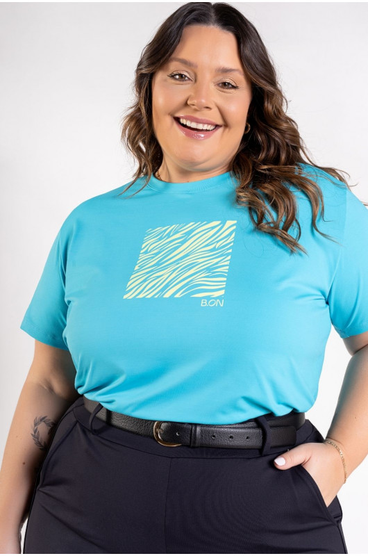 T-Shirt Feminina Estampada Plus Size Azul Cerúleo - 24271140