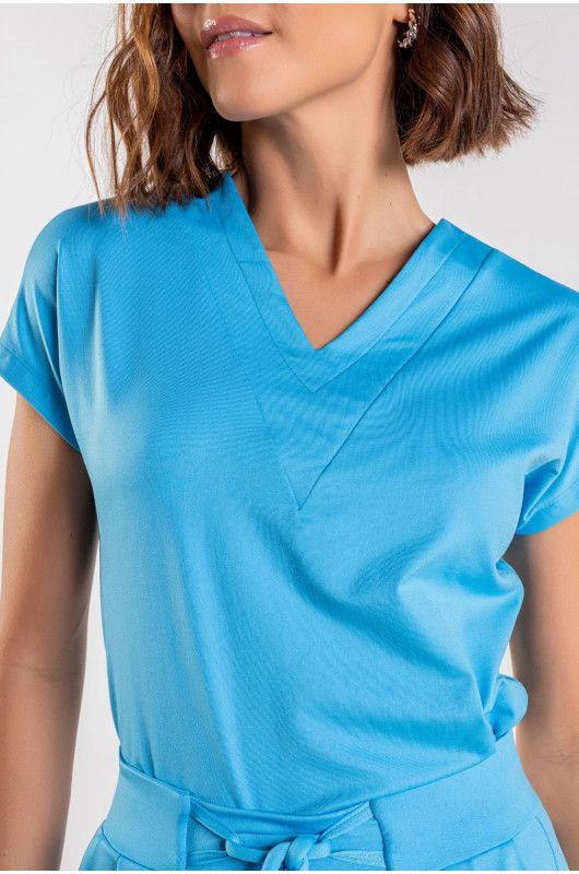 Blusa Feminina Decote V Azul Cerúleo - 24270999 