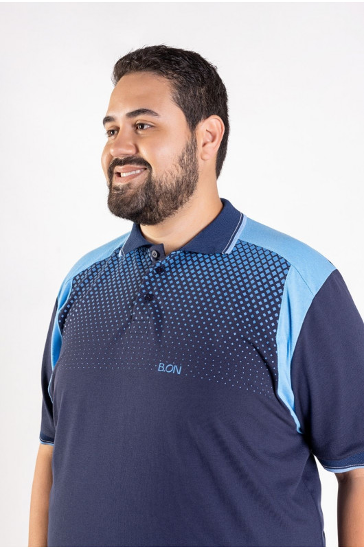 Camisa Gola Polo Estampada Plus Size Masculina Marinho - 24271116