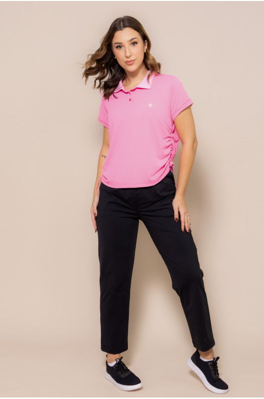 Camisa Gola Polo Feminina c/ Franzidos Laterais Pink Cosmos - 24271180