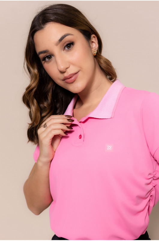 Camisa Gola Polo Feminina c/ Franzidos Laterais Pink Cosmos - 24271180