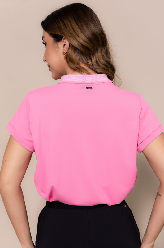 Camisa Gola Polo Feminina c/ Franzidos Laterais Pink Cosmos - 24271180