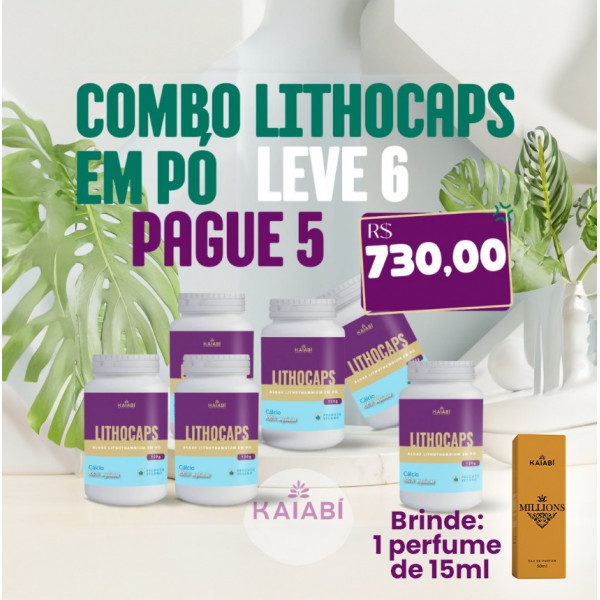 Combo leve 6 pague 5 LithoCaps em Pó. Brinde 1 Perfume 15ml