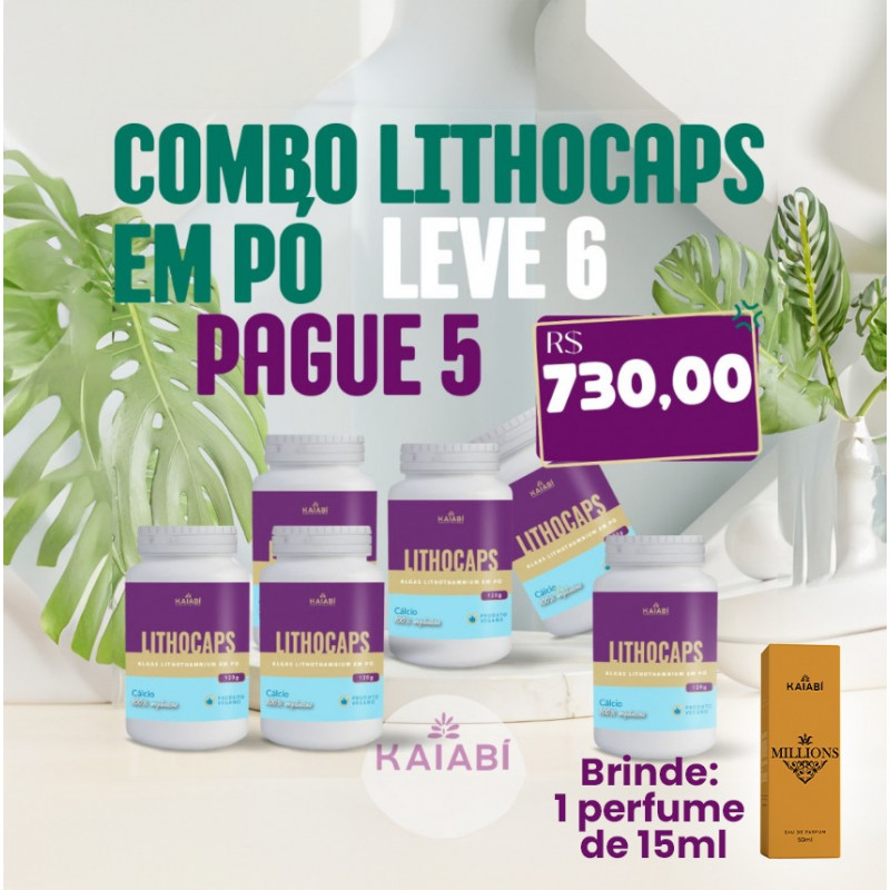 Combo leve 6 pague 5 LithoCaps em Pó. Brinde 1 Perfume 15ml