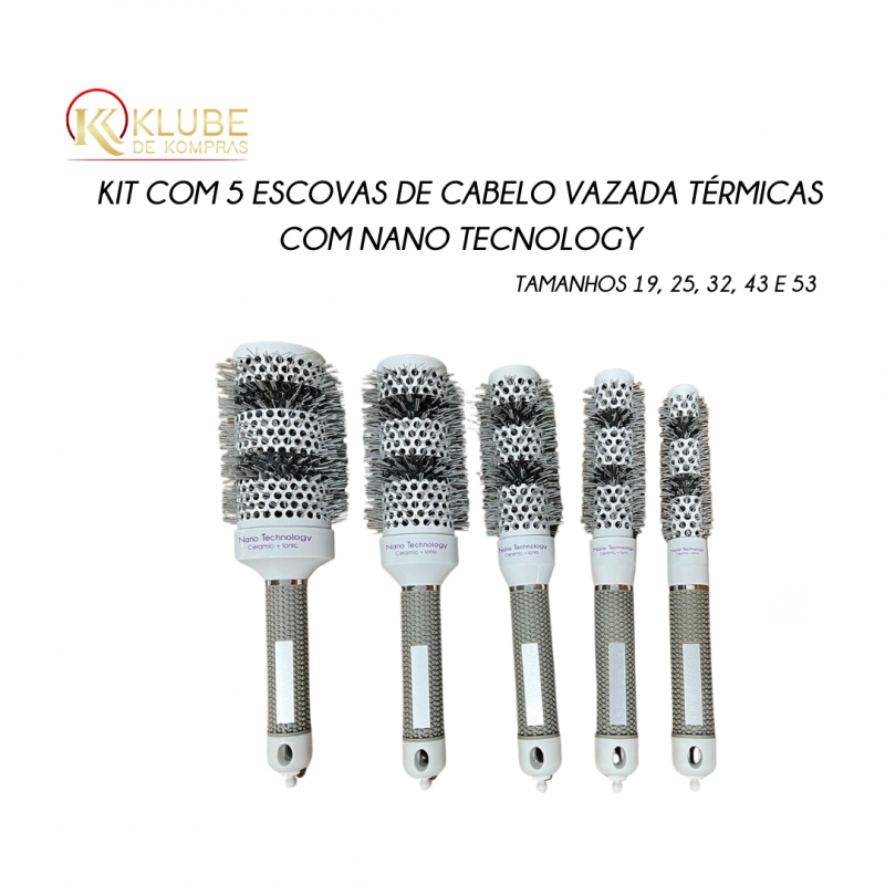 Kit com 5 escovas de cabelo vazada termicas com Nano Tecnology