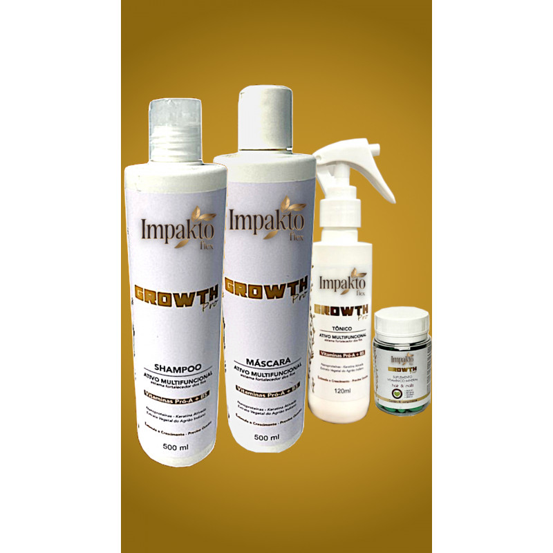 Kit Capilar Growth Pro 500 ml - Shampoo, Máscara, Tônico e Suplemento Kit Capilar Growth Pro 500 ml - Shampoo, Máscara, Tônico e Suplemento