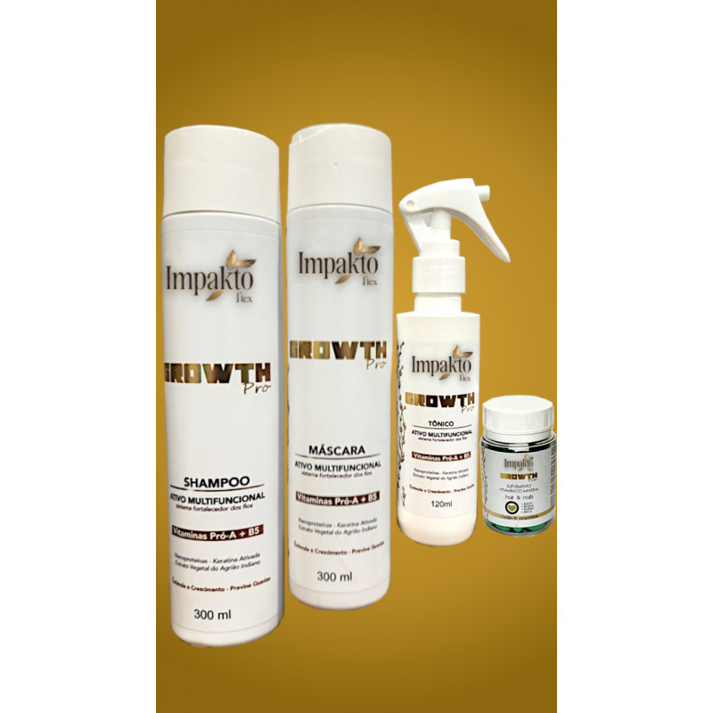 Kit Capilar Growth Pro 300 ml - Shampoo, Máscara, Tônico, Suplemento