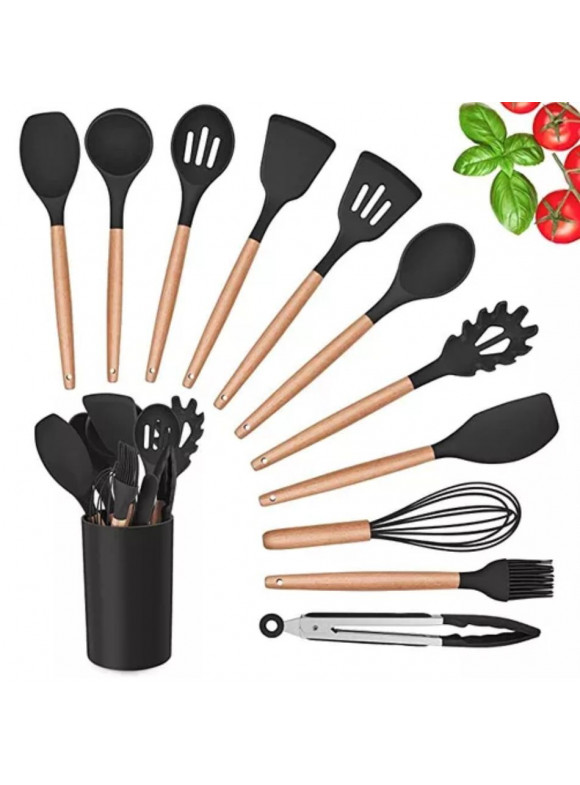 Jogo Utensílios de Cozinha em Silicone Madeira 12 Peças - PRETA
