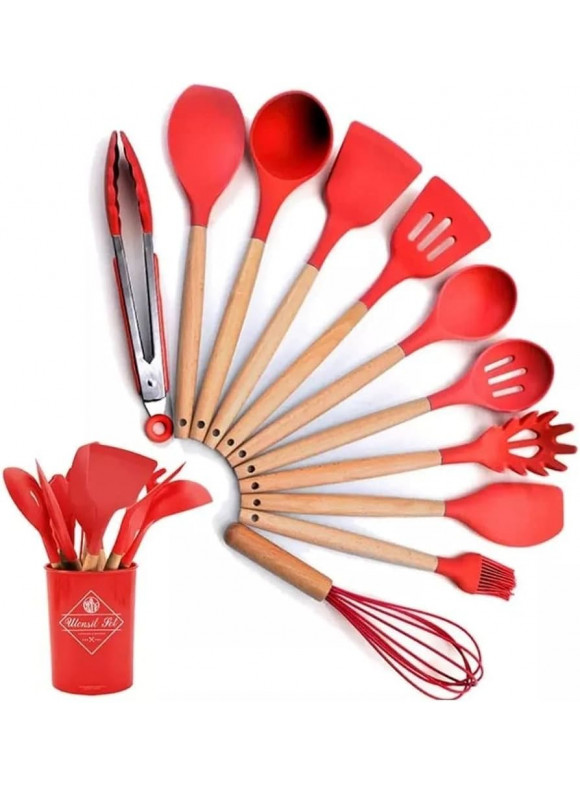 Jogo Utensílios de Cozinha em Silicone Madeira 12 Peças - Vermelha