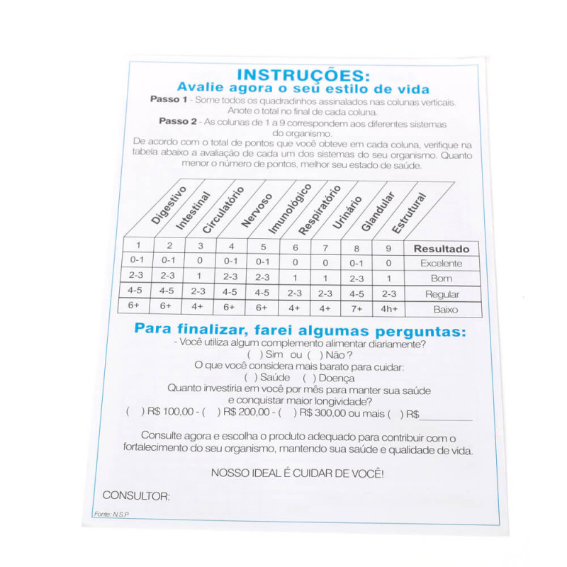 Folheto de pesquisa - Análise de qualidade de vida (pct 50 unidades)