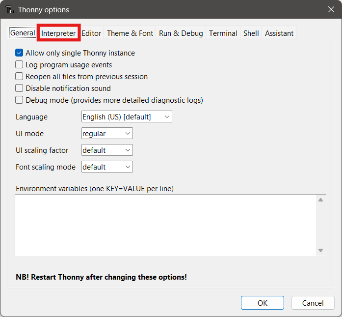 Janela de configura��es da Thonny IDE
