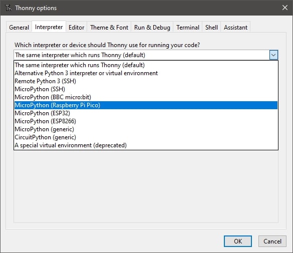 Sele��o do interpretador da Thonny IDE