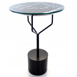 Mesa Lateral Baixa Tampo Vidro Marmorizado Base Preto com Haste em Metal - Msul Móveis