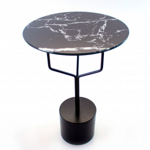 Mesa Lateral Alta Tampo Vidro Marmorizado Base Metal Preto com Haste em Metal - Msul Móveis - 