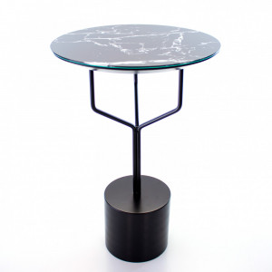 Mesa Lateral Alta Tampo Vidro Marmorizado Base Metal Preto com Haste em Metal - Msul Móveis