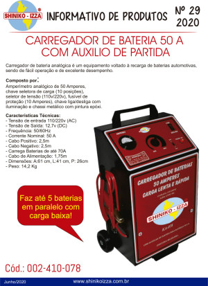Carregador de Bateria Analógico Lento e Rápido 50A com Auxiliar de Partida- KA 078 - 