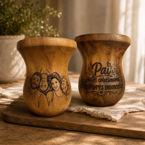 Cuia de madeira natural gravada a laser - 