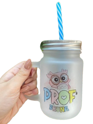 Caneca Vidro Jateado com Tampa e Canudo