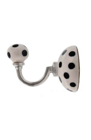 Cabide Para Parede Branco Com  Bolinhas Pretas Cerâmica e Metal - Cabide Para Parede Branco Com Bolinhas Pretas Cerâmica e Metal