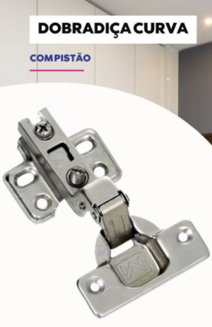 Dobradiça Curva Com  Amortecedor  35mm  Alto Padrão de Acabamento e Proporciona um Fechamento Suave -Metalnox INOX - DOBRADIÇA CURVA COM PISTÃO (AMORTECEDOR) CALÇO FIXO NIQUELADO CANECO 35MM METALNOX 2