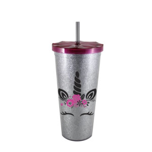 COPO PLÁSTICO COM GLITER PRATA UNICÓRNIO OLHO...650 ML