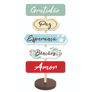 ENFEITE DE MESA COM PLAQUINHAS GRATIDÃO, PAZ...26X13