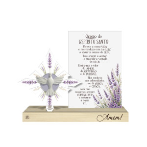 ENFEITE DE MESA COM APLIQUE E PLACA ORAÇÃO DO ESPIRITO SANTO 21X27,5X4,5