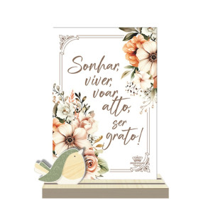 ENFEITE DE MESA COM APLIQUE SONHAR, VIVER, VOAR...15,5X12