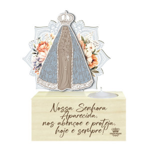 ENFEITE DE MESA COM VELA NOSSA SENHORA APARECIDA...16X11X5