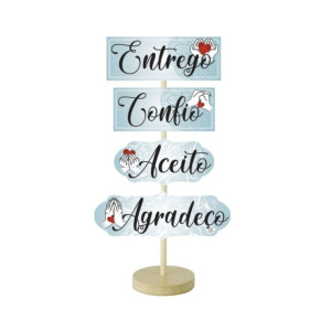 ENFEITE DE MESA COM PLAQUINHAS ENTREGO, CONFIO...28,5X14,5