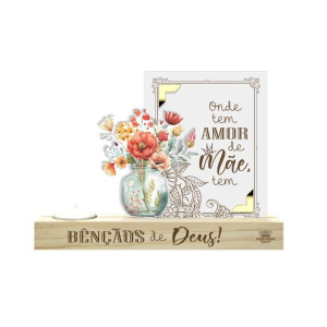 ENFEITE DE MESA COM VELA E APLIQUE ONDE TEM AMOR DE MÃE...PASSARINHO 14X20X4,5