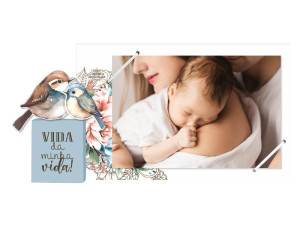 PORTA-RETRATO COM ELÁSTICO E CUBO VIDA DA MINHA VIDA...MÃE PÁSSAROS 12X23X3