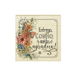 PLACA DE MESA CRU COM APLIQUE ENTREGO, CONFIO, ACEITO...CELEBRAÇÃO 16,5X16,5