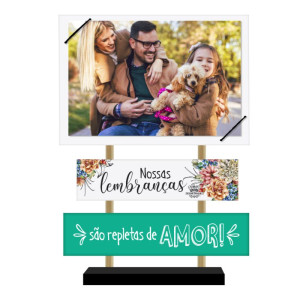 ENFEITE DE MESA COM PLAQUINHA E PORTA RETRATO NOSSAS...CELEBRAÇÃO 23X16,5