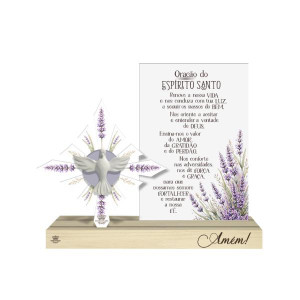 ENFEITE DE MESA COM APLIQUE E PLACA ORAÇÃO DO ESPIRITO SANTO 21X27,5X4,5