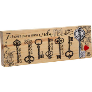 PLACA DE MESA CRU COM APLIQUE 7 CHAVES PARA O UMA VIDA FELIZ 10X28X3