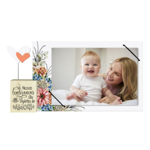 PORTA-RETRATO COM ELÁSTICO E CUBO NOSSAS LEMBRANÇAS MÃE...CELEBRAÇÃO 12X23X3