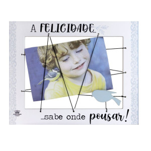 PORTA-RETRATO ENTRELAÇADO C/ APLIQUE A FELICIDADE SABE ONDE POUSAR 20X25