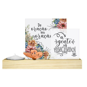 ENFEITE DE MESA COM VELA E ACRILICO DE ORAÇÃO EM ORAÇÃO...CELEBRAÇÃO 14X21,5X6
