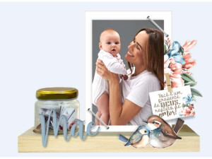 PORTA-RETRATO COM ELÁSTICO E POTE COM MENSAGEM MÃE...PÁSSAROS 20X25X7,5