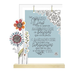 ENFEITE DE MESA COM APLIQUE VARAL SER GRATO A DEUS...JARDIM...20,5X20X4,5